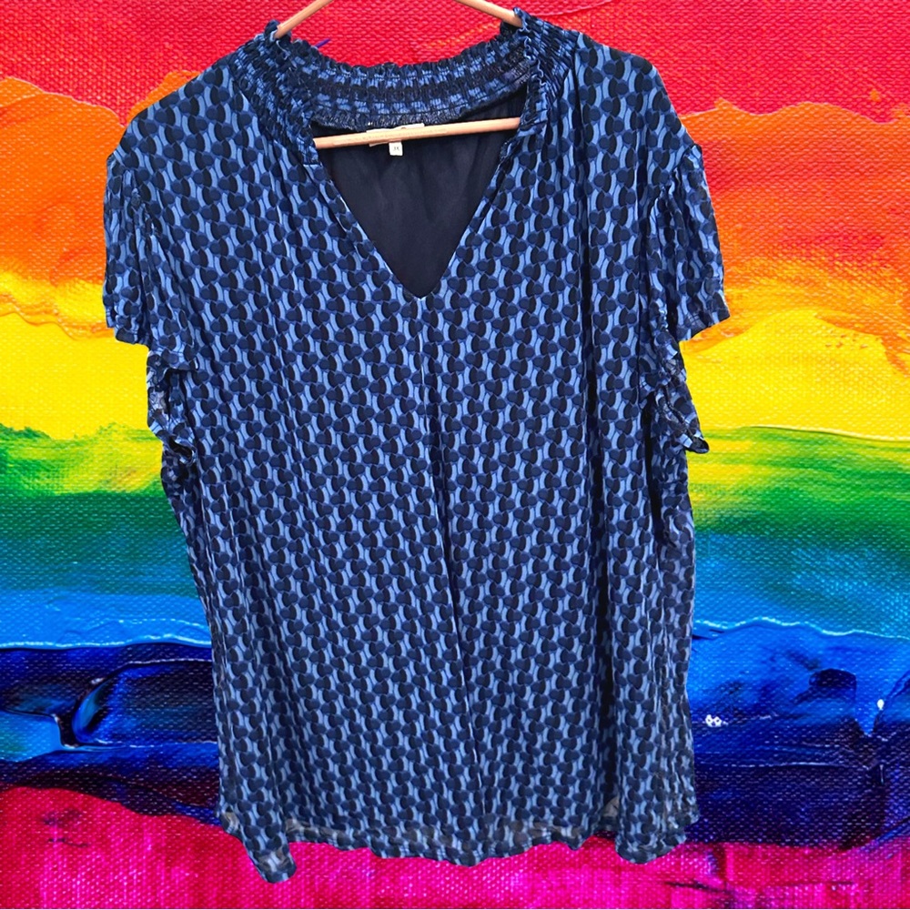 Poppi Women’s plus-size Blue/Black Stretchy Patterned Ruffle-sleeve Blouse💜2X